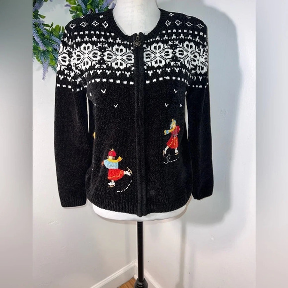 Alfred Dunner petite, S, fair Isle ice skaters zip front, long sleeve cardigan - Picture 2 of 7